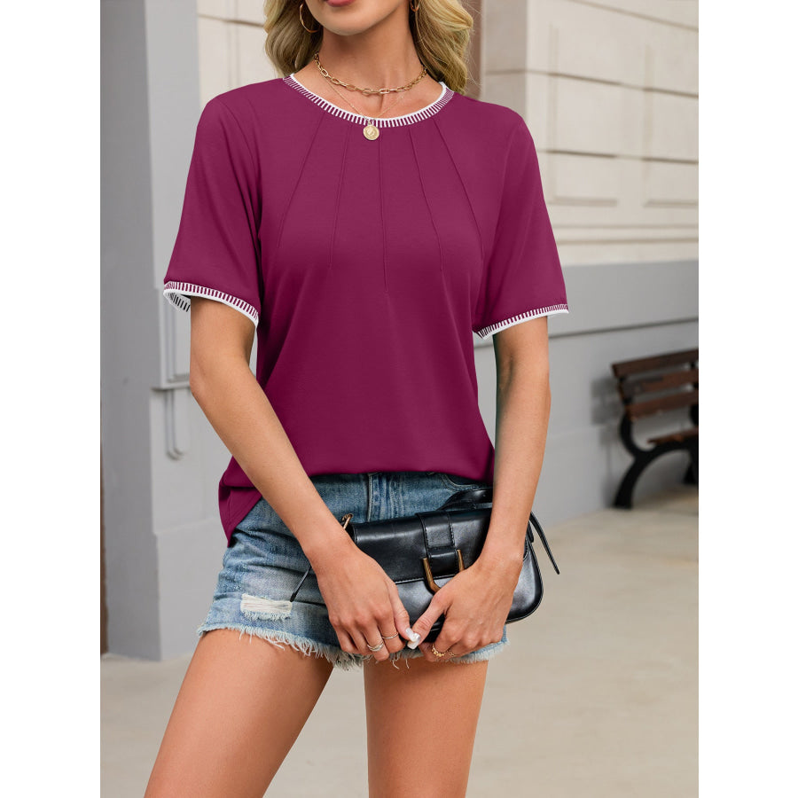 Contrast Trim Short Sleeve T-Shirt Purple Red / S Apparel and Accessories