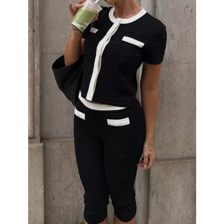 Contrast Trim Short Sleeve Top and Capris Set Apparel Accessories