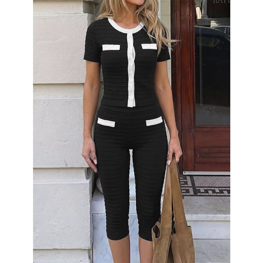 Contrast Trim Short Sleeve Top and Capris Set Apparel Accessories
