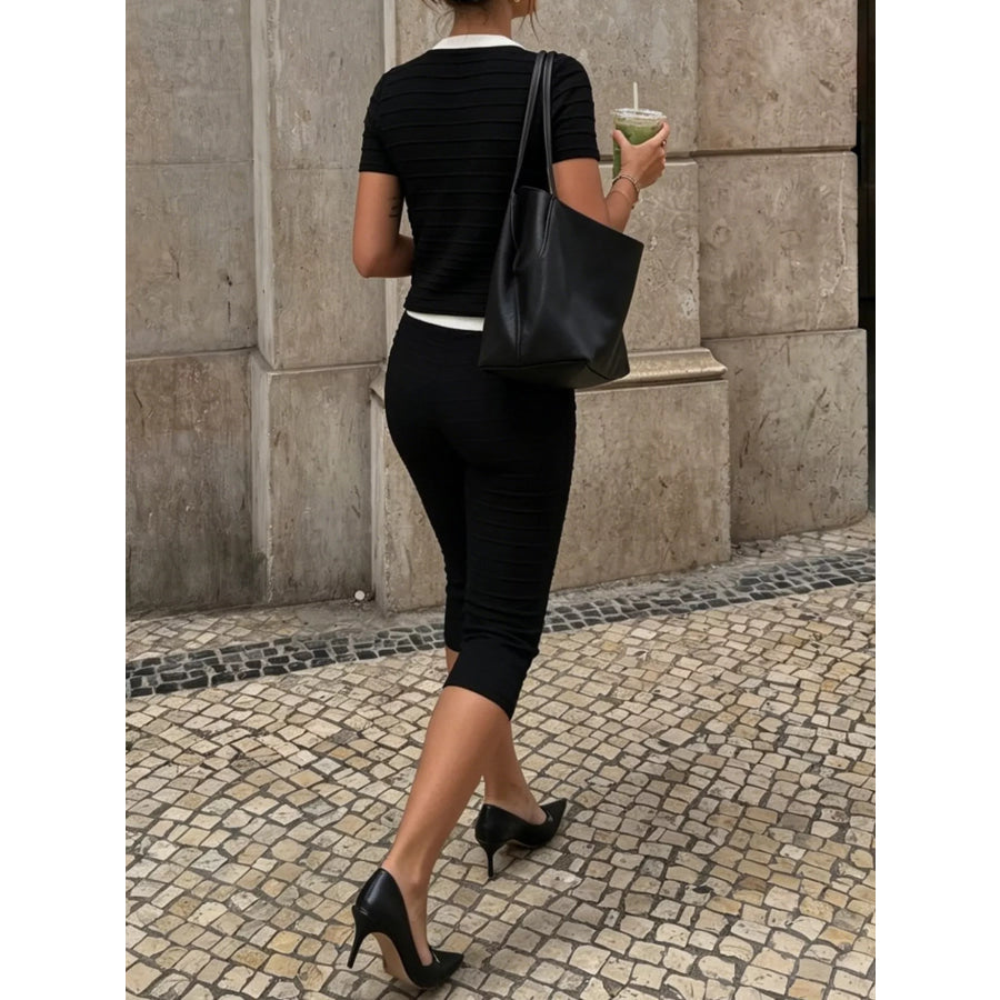 Contrast Trim Short Sleeve Top and Capris Set Apparel Accessories