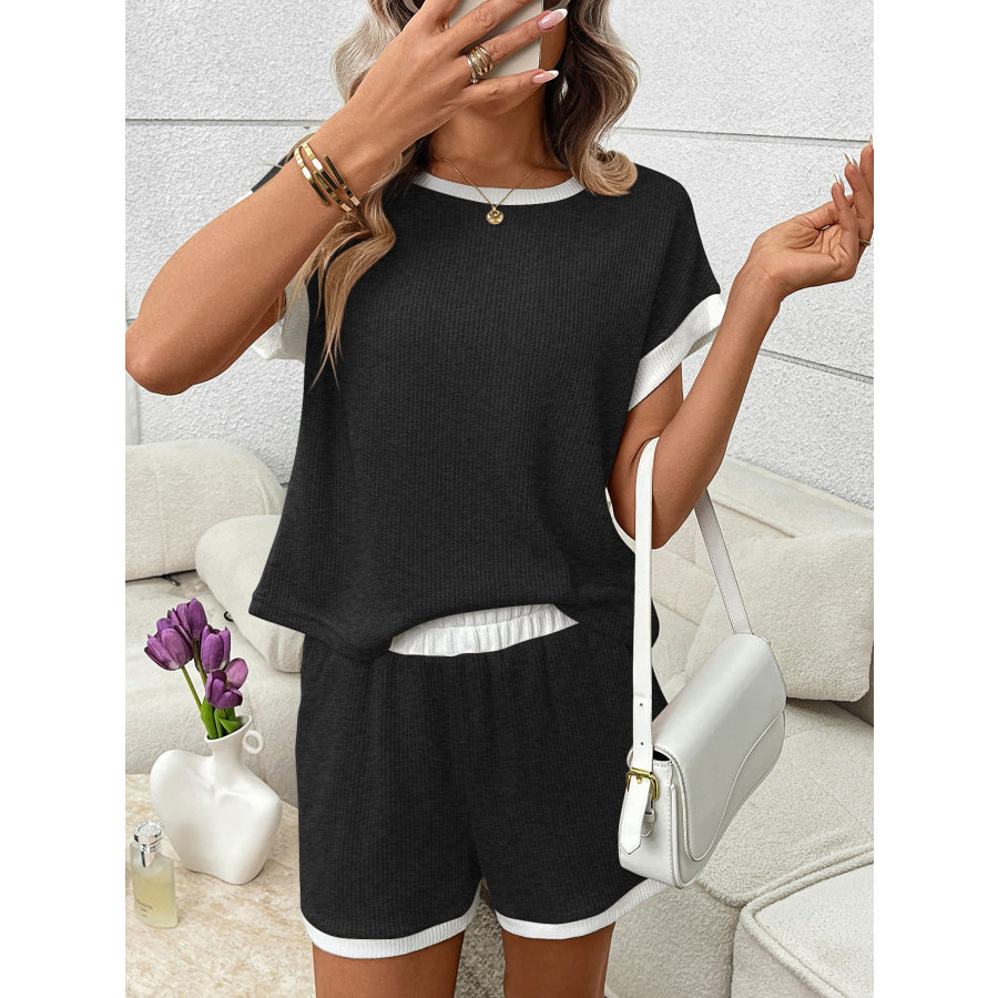 Contrast Trim Short Sleeve Top and Shorts Set Gray / S Apparel and Accessories