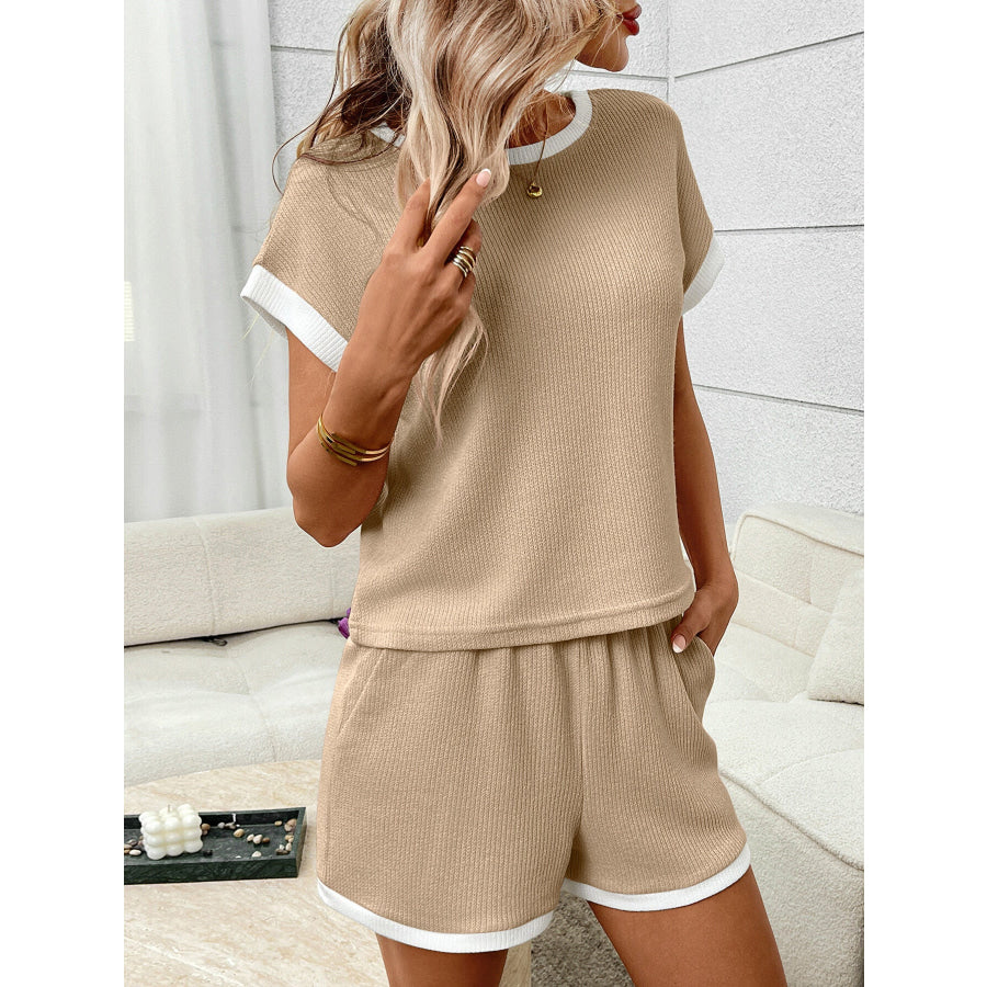 Contrast Trim Short Sleeve Top and Shorts Set Khaki / S Apparel and Accessories