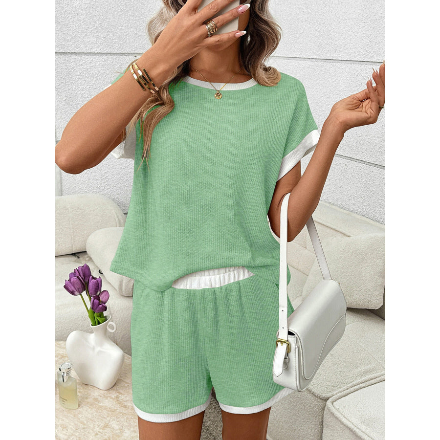 Contrast Trim Short Sleeve Top and Shorts Set Light Green / S Apparel and Accessories