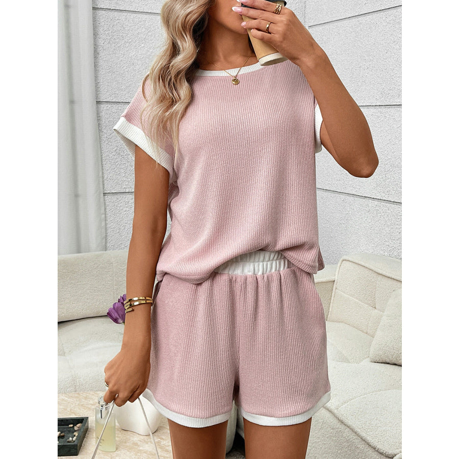 Contrast Trim Short Sleeve Top and Shorts Set Pink / S Apparel and Accessories