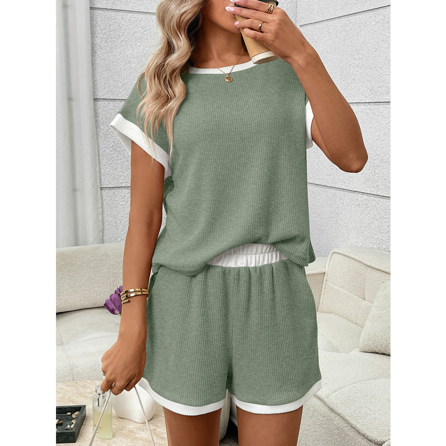 Contrast Trim Short Sleeve Top and Shorts Set Sage / S Apparel and Accessories