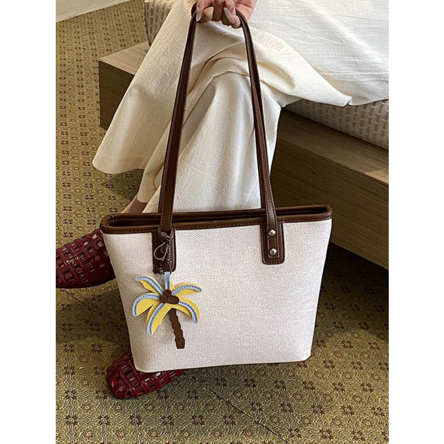 Contrast Trim Shoulder Bag with Tropical Palm Tree Charm Beige / onesize Apparel and Accessories