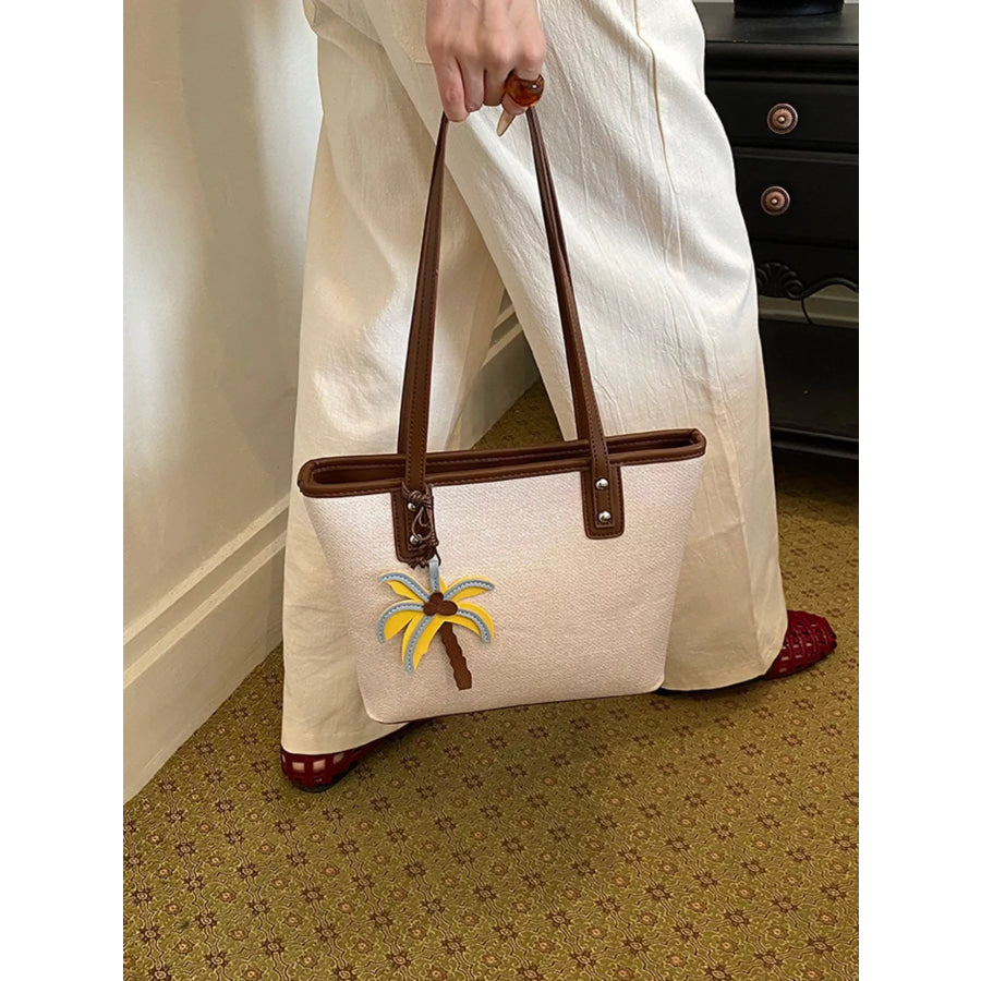 Contrast Trim Shoulder Bag with Tropical Palm Tree Charm Beige / onesize Apparel and Accessories