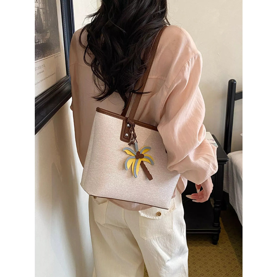 Contrast Trim Shoulder Bag with Tropical Palm Tree Charm Beige / onesize Apparel and Accessories