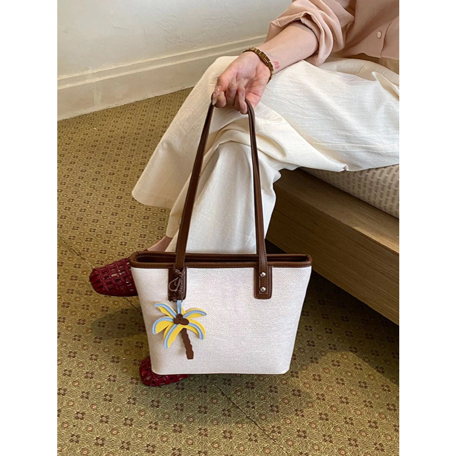 Contrast Trim Shoulder Bag with Tropical Palm Tree Charm Beige / onesize Apparel and Accessories
