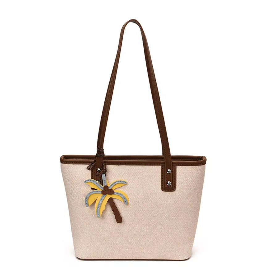 Contrast Trim Shoulder Bag with Tropical Palm Tree Charm Beige / onesize Apparel and Accessories