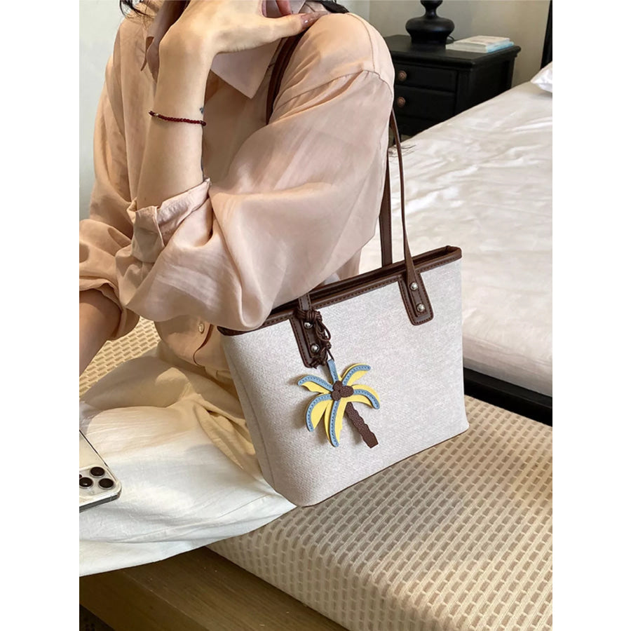 Contrast Trim Shoulder Bag with Tropical Palm Tree Charm Beige / onesize Apparel and Accessories