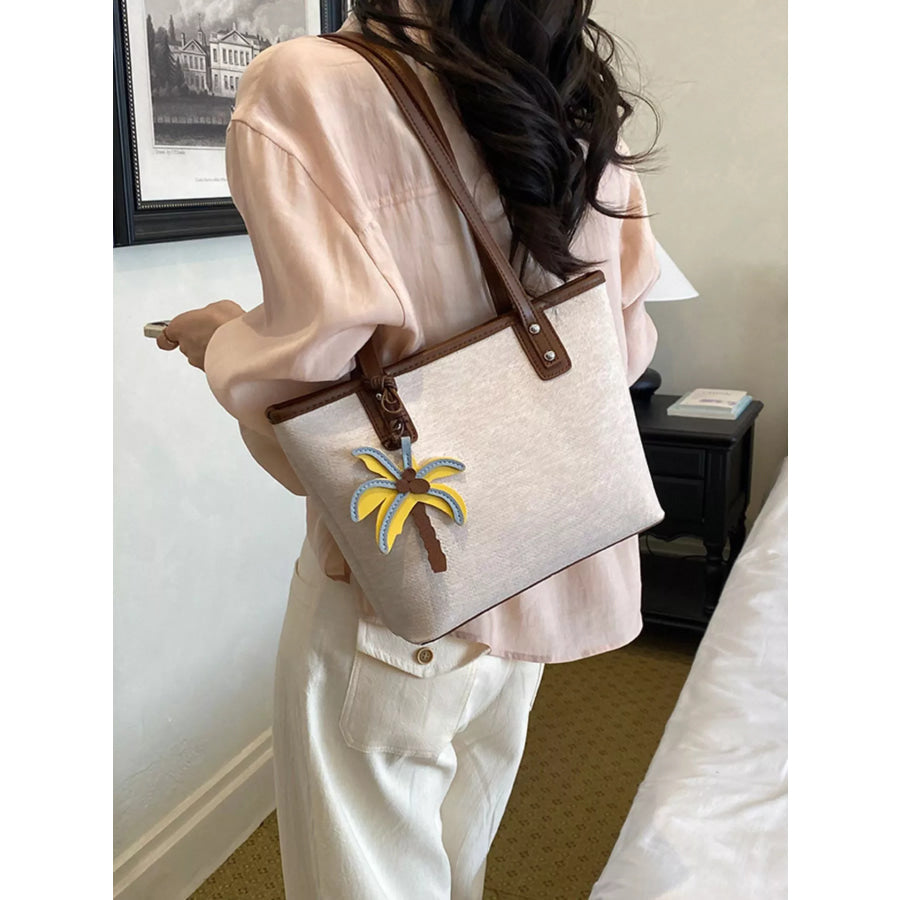 Contrast Trim Shoulder Bag with Tropical Palm Tree Charm Beige / onesize Apparel and Accessories