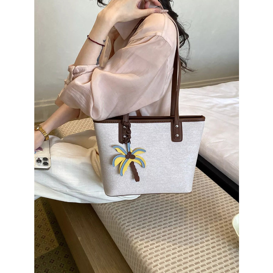 Contrast Trim Shoulder Bag with Tropical Palm Tree Charm Beige / onesize Apparel and Accessories