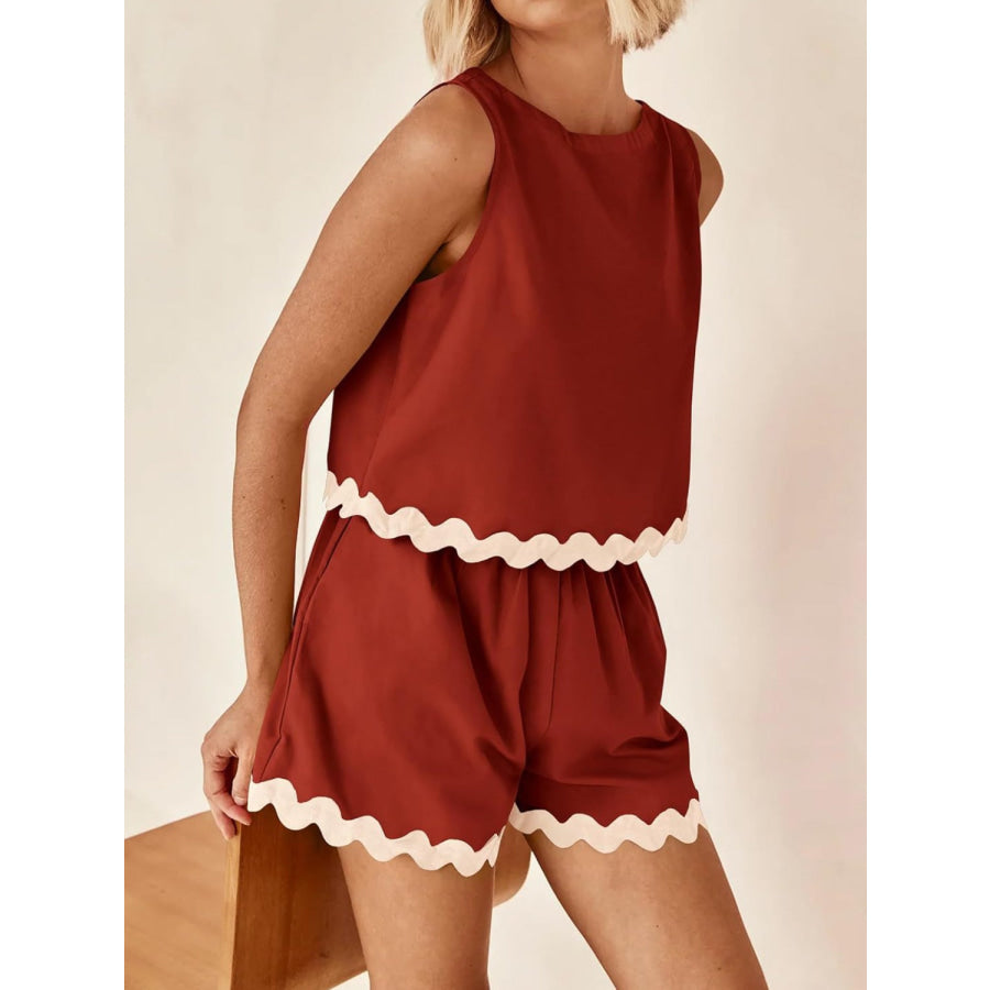 Contrast Trim Sleeveless Top and Shorts Set Apparel Accessories