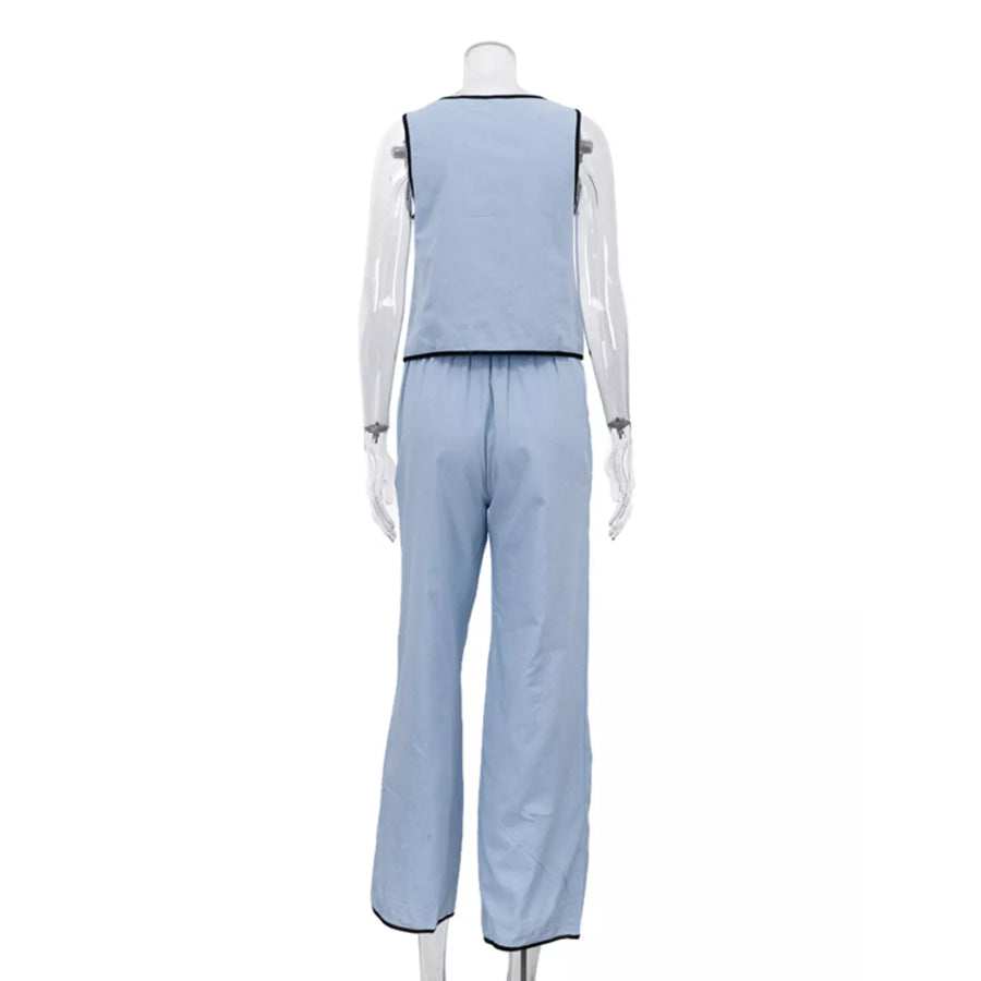 Contrast Trim Sleeveless Top and Wide-Leg Pants Set Apparel and Accessories