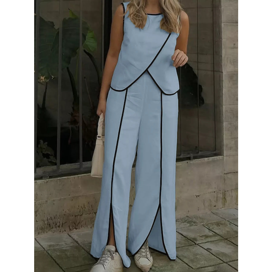 Contrast Trim Sleeveless Top and Wide-Leg Pants Set Apparel and Accessories