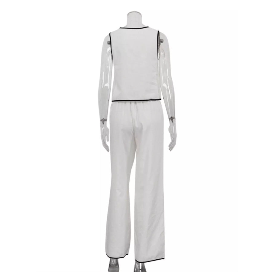 Contrast Trim Sleeveless Top and Wide-Leg Pants Set Apparel and Accessories