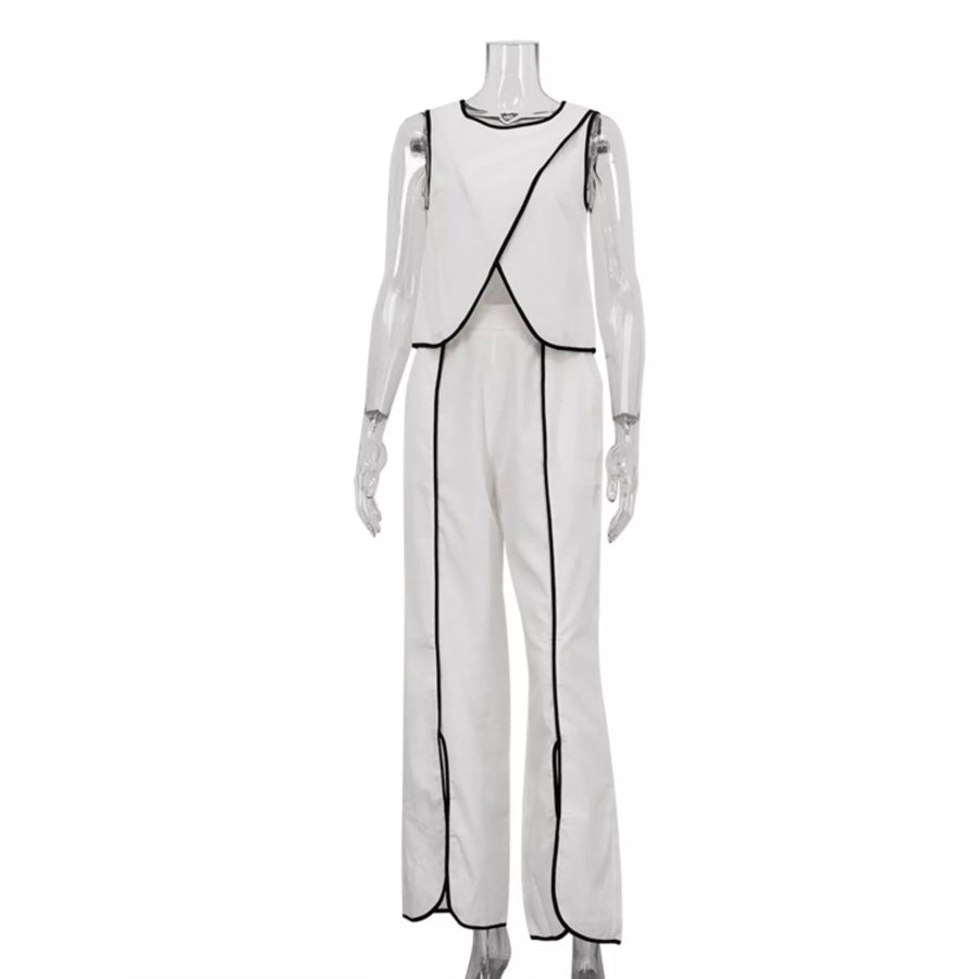 Contrast Trim Sleeveless Top and Wide-Leg Pants Set Apparel and Accessories
