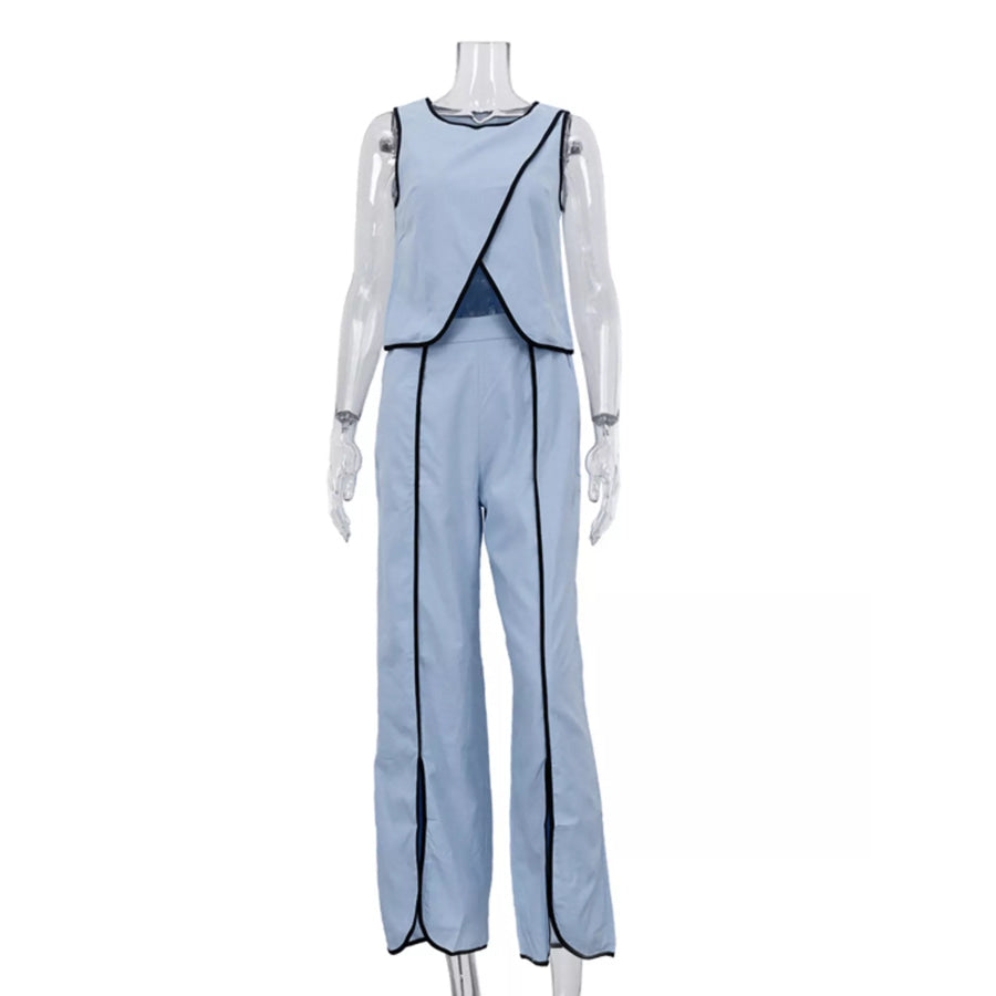 Contrast Trim Sleeveless Top and Wide-Leg Pants Set Apparel and Accessories