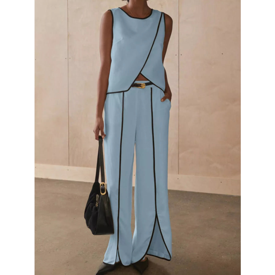 Contrast Trim Sleeveless Top and Wide-Leg Pants Set Light Blue / S Apparel and Accessories