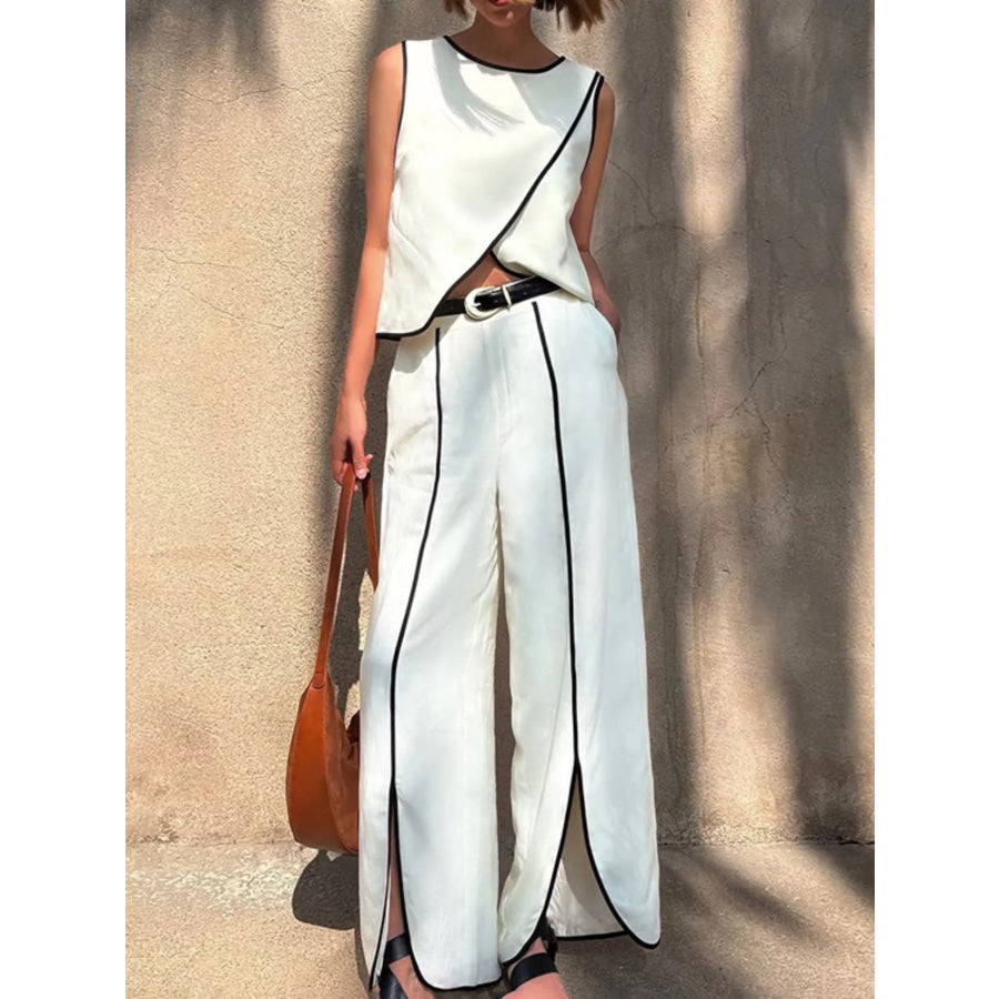 Contrast Trim Sleeveless Top and Wide-Leg Pants Set White / S Apparel and Accessories