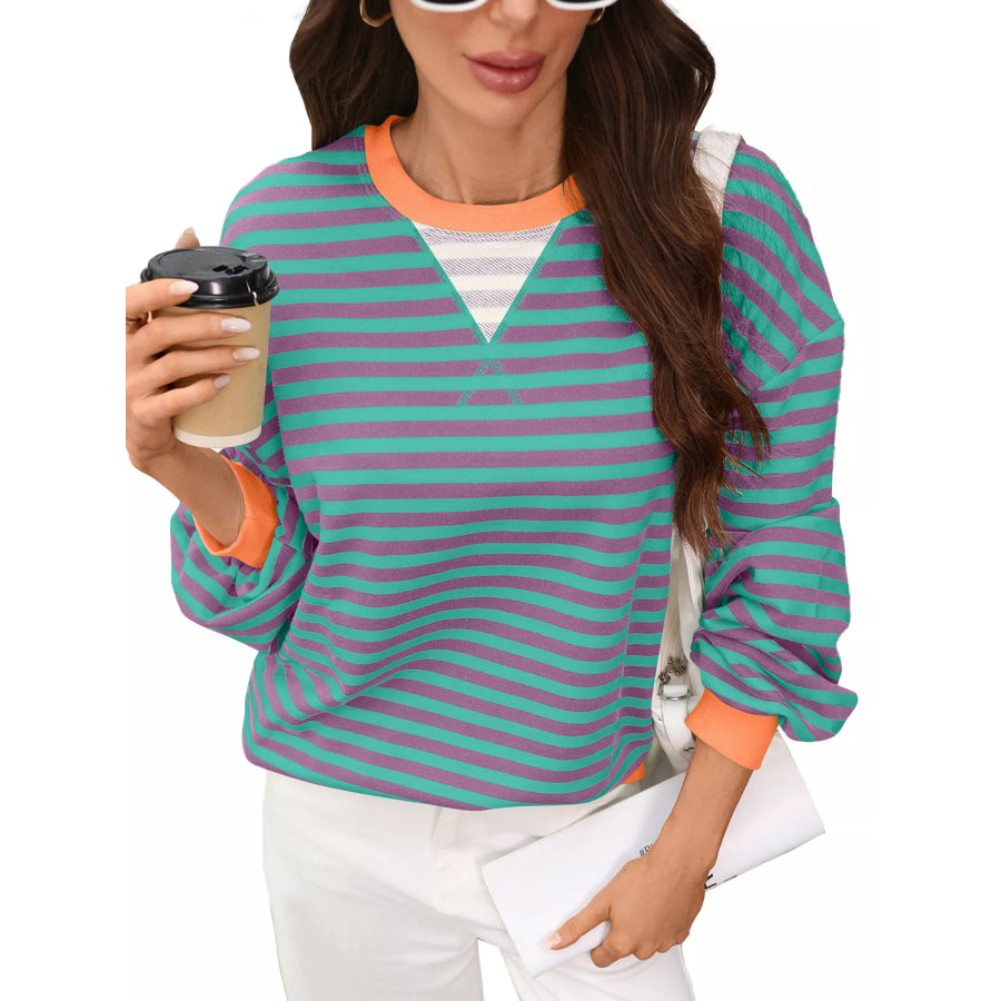 Contrast Trim Striped Crew Neck Sweatshirt Apparel and Accessories