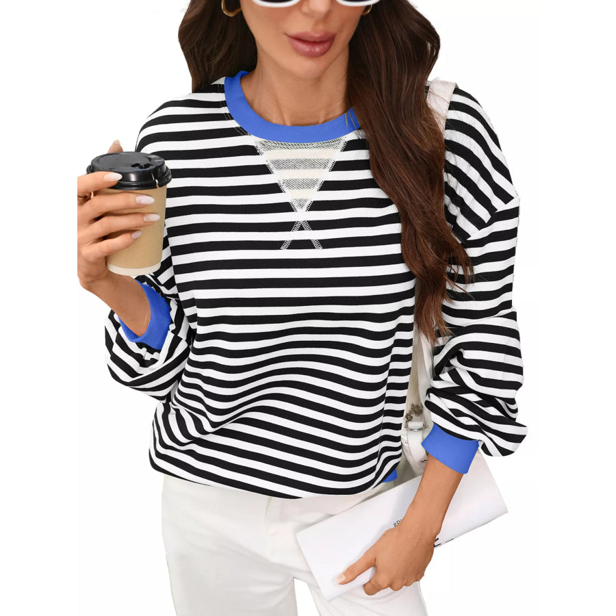 Contrast Trim Striped Crew Neck Sweatshirt Apparel and Accessories