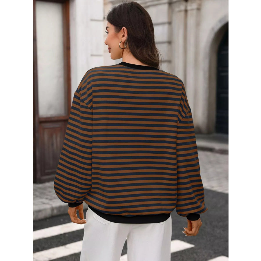 Contrast Trim Striped Crew Neck Sweatshirt Apparel and Accessories