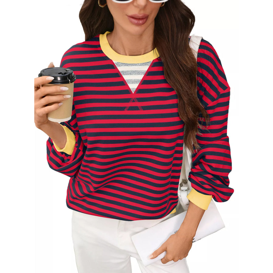Contrast Trim Striped Crew Neck Sweatshirt Apparel and Accessories