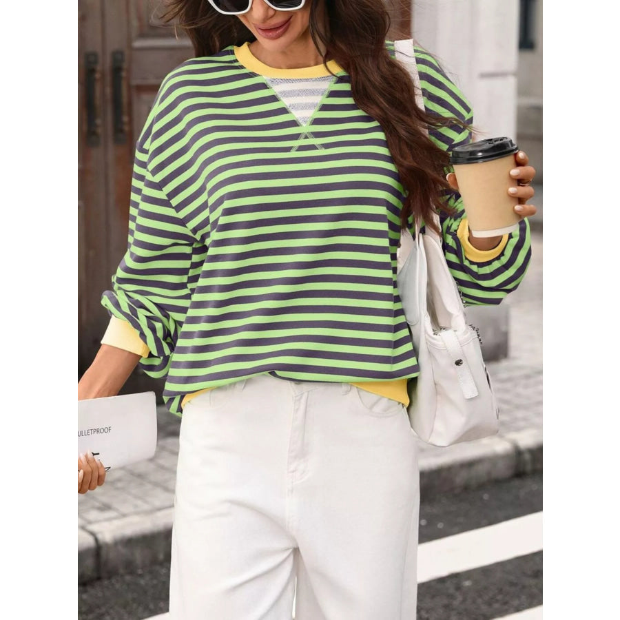 Contrast Trim Striped Crew Neck Sweatshirt Apparel and Accessories
