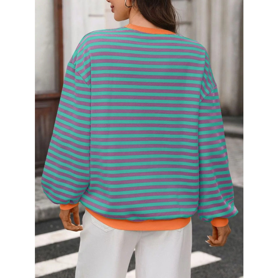 Contrast Trim Striped Crew Neck Sweatshirt Apparel and Accessories