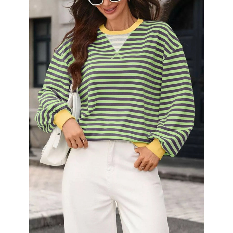 Contrast Trim Striped Crew Neck Sweatshirt Apparel and Accessories