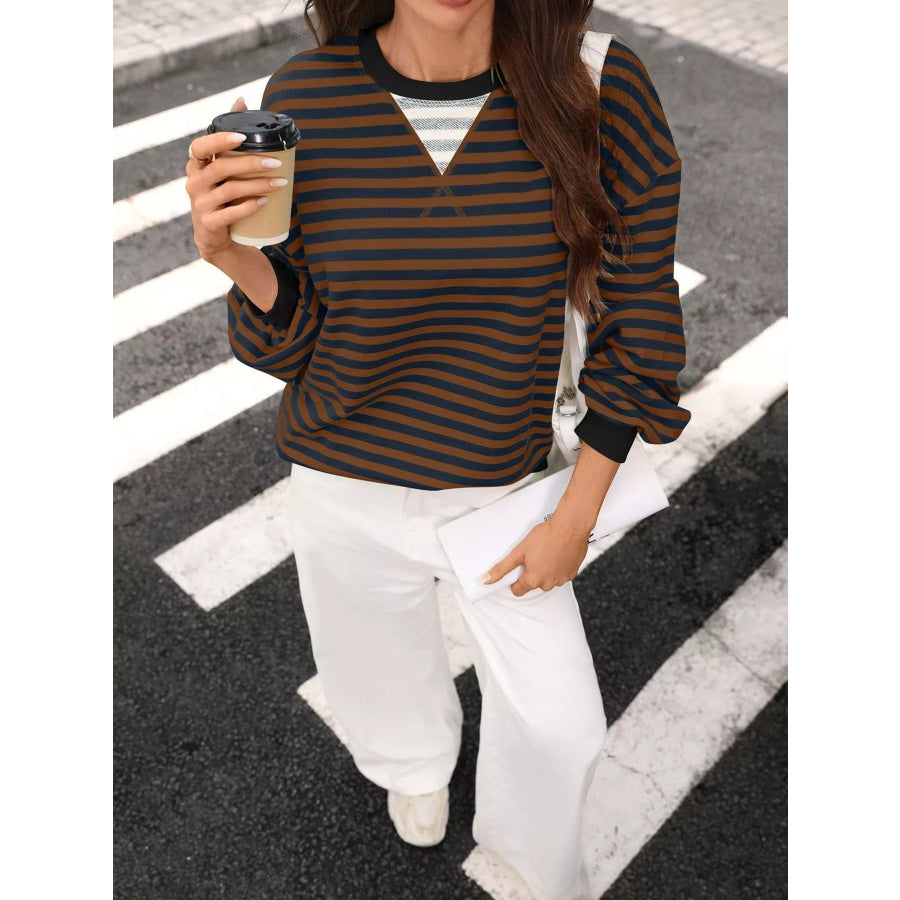 Contrast Trim Striped Crew Neck Sweatshirt Apparel and Accessories