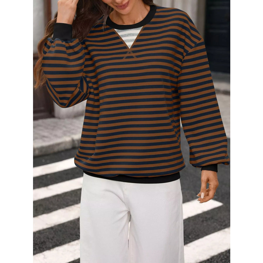 Contrast Trim Striped Crew Neck Sweatshirt Apparel and Accessories
