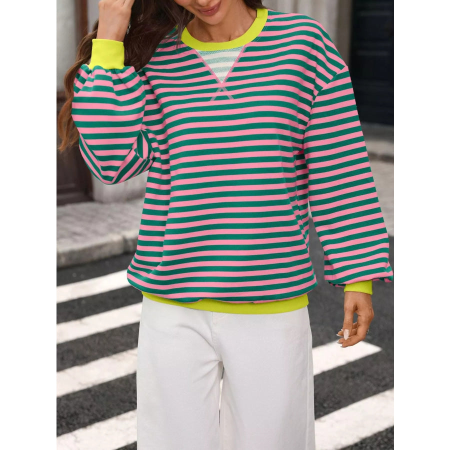 Contrast Trim Striped Crew Neck Sweatshirt Apparel and Accessories