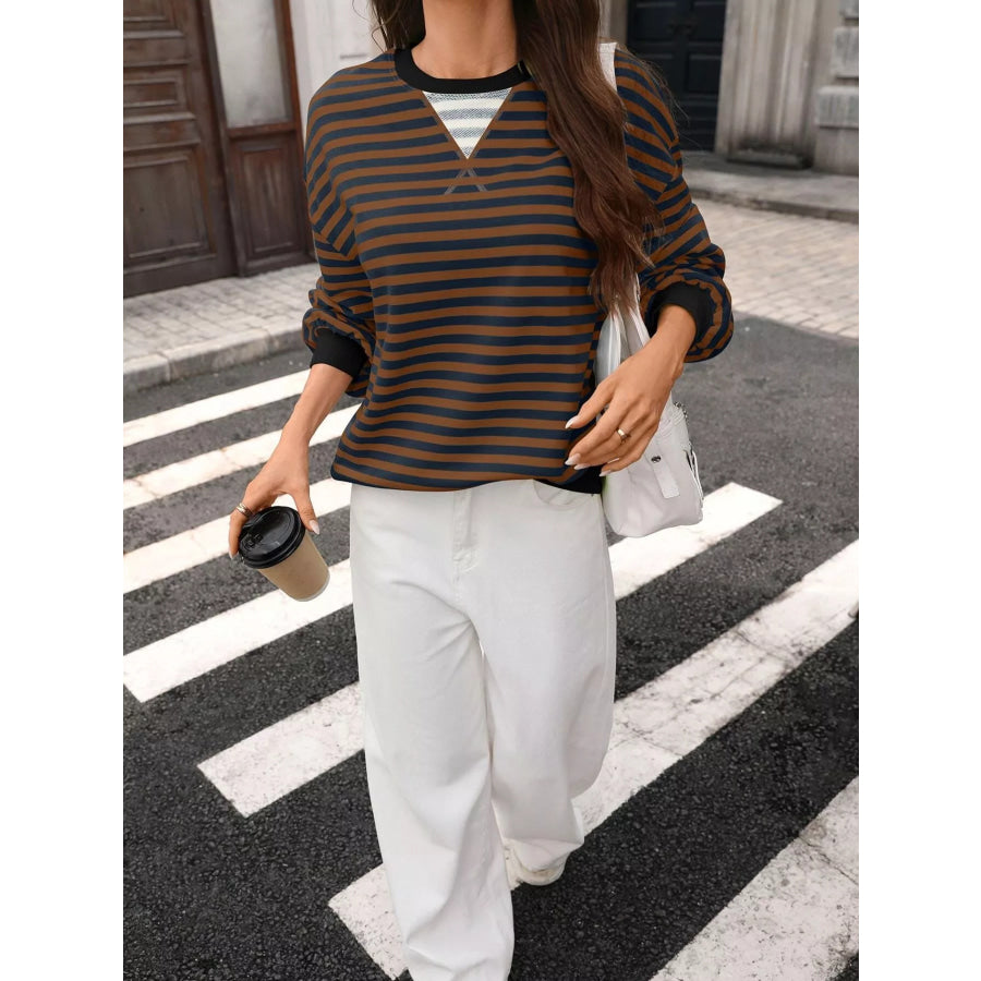 Contrast Trim Striped Crew Neck Sweatshirt Apparel and Accessories