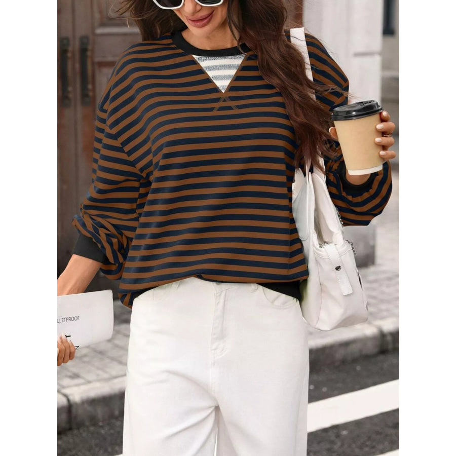 Contrast Trim Striped Crew Neck Sweatshirt Apparel and Accessories