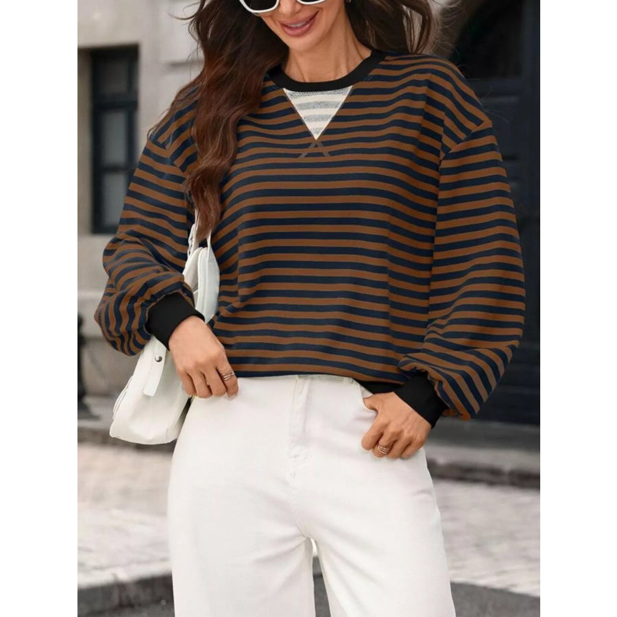Contrast Trim Striped Crew Neck Sweatshirt Blue Coffee / S Apparel and Accessories