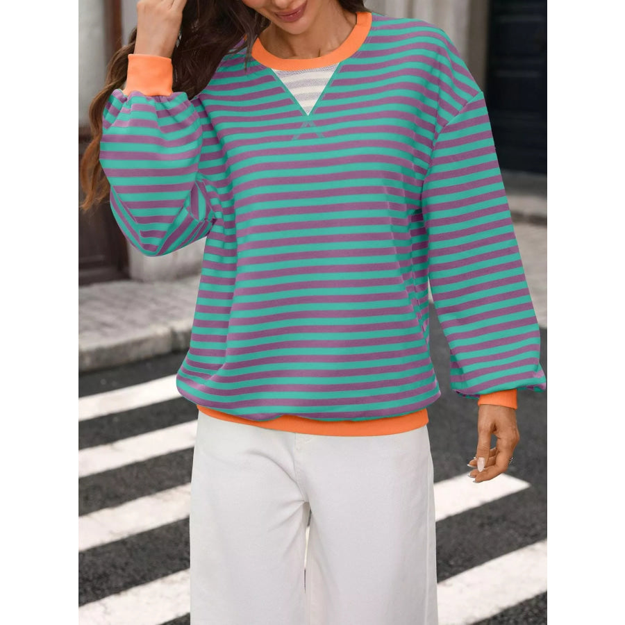 Contrast Trim Striped Crew Neck Sweatshirt Blue Purple / S Apparel and Accessories