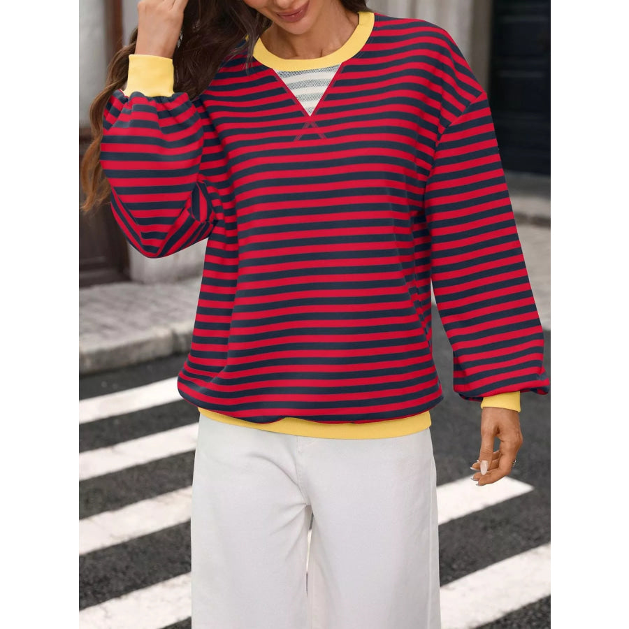 Contrast Trim Striped Crew Neck Sweatshirt Blue Red / S Apparel and Accessories