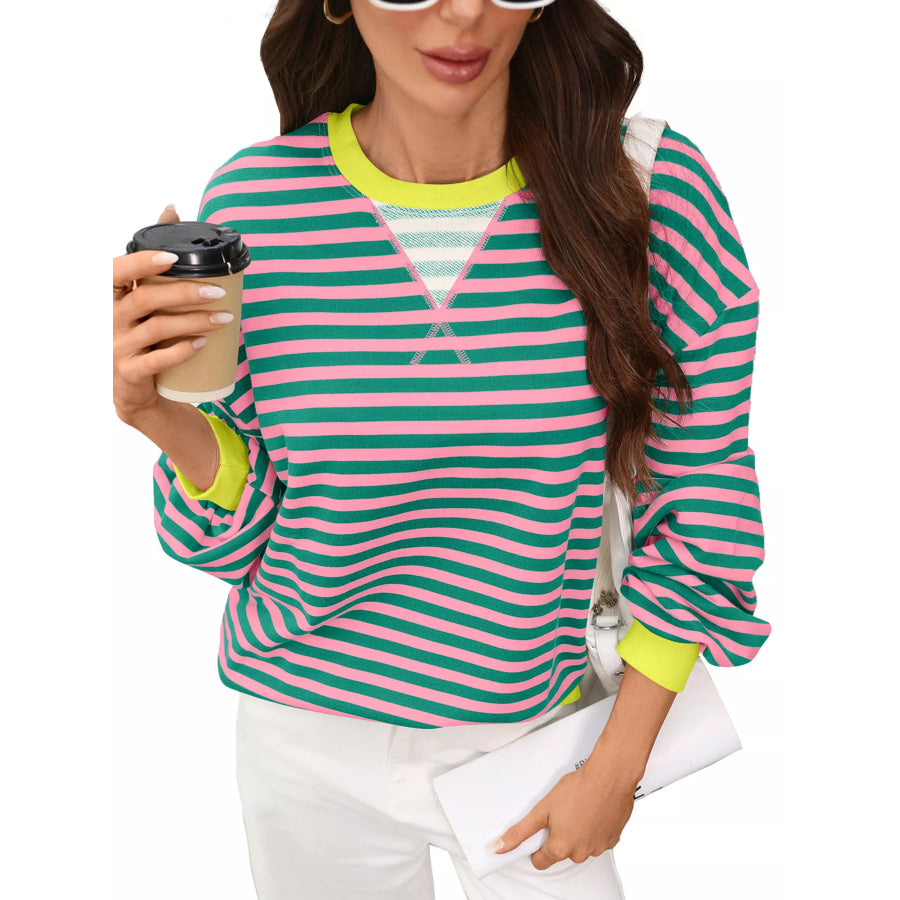 Contrast Trim Striped Crew Neck Sweatshirt Green Powder / S Apparel and Accessories