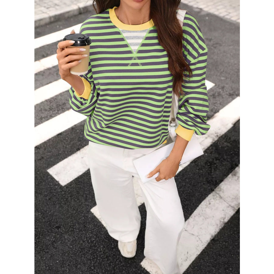 Contrast Trim Striped Crew Neck Sweatshirt Green Purple / S Apparel and Accessories