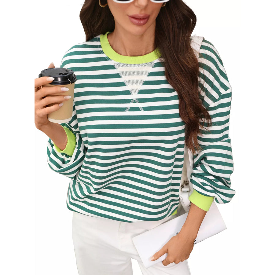 Contrast Trim Striped Crew Neck Sweatshirt Green White / S Apparel and Accessories