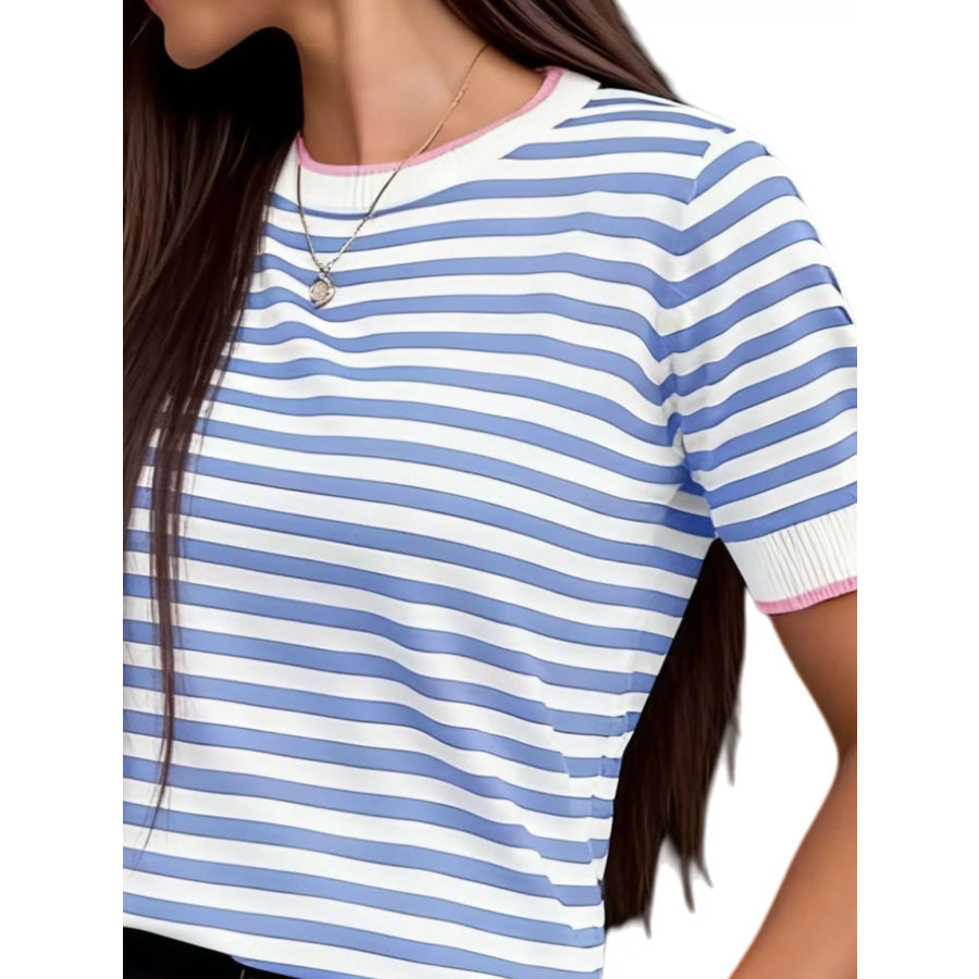 Contrast Trim Striped Short Sleeve Knit Top Apparel and Accessories
