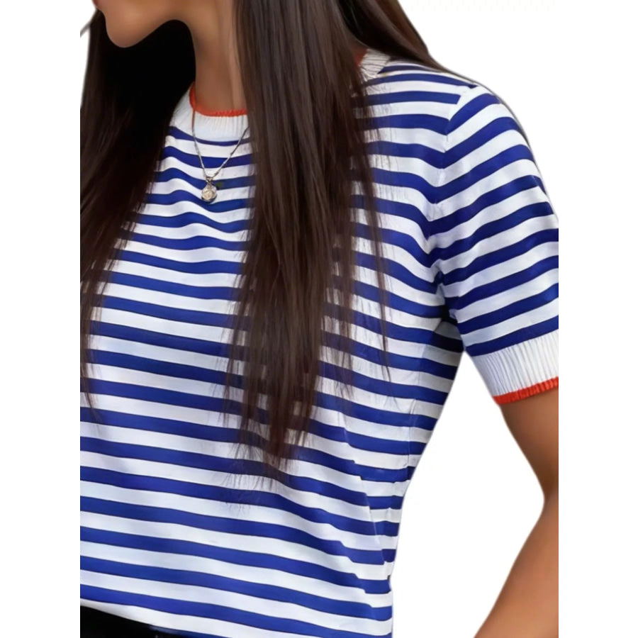 Contrast Trim Striped Short Sleeve Knit Top Apparel and Accessories