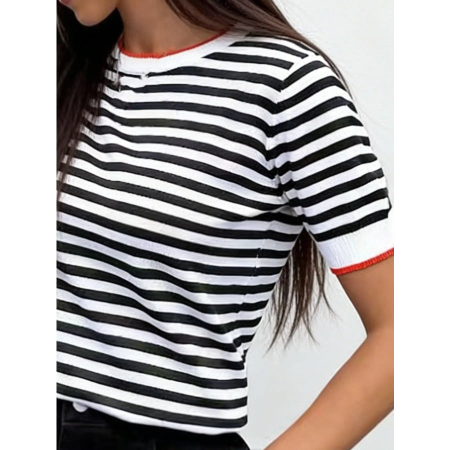 Contrast Trim Striped Short Sleeve Knit Top Apparel and Accessories
