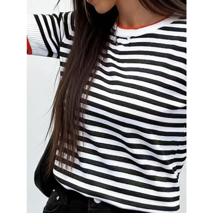 Contrast Trim Striped Short Sleeve Knit Top Apparel and Accessories