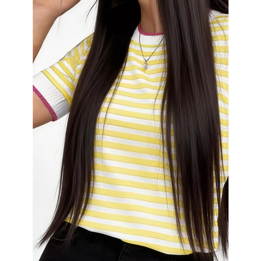 Contrast Trim Striped Short Sleeve Knit Top Apparel and Accessories