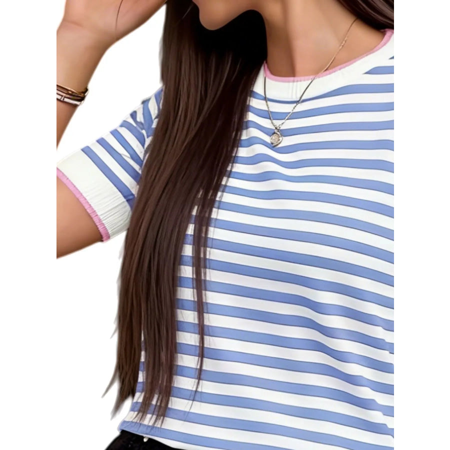 Contrast Trim Striped Short Sleeve Knit Top Apparel and Accessories