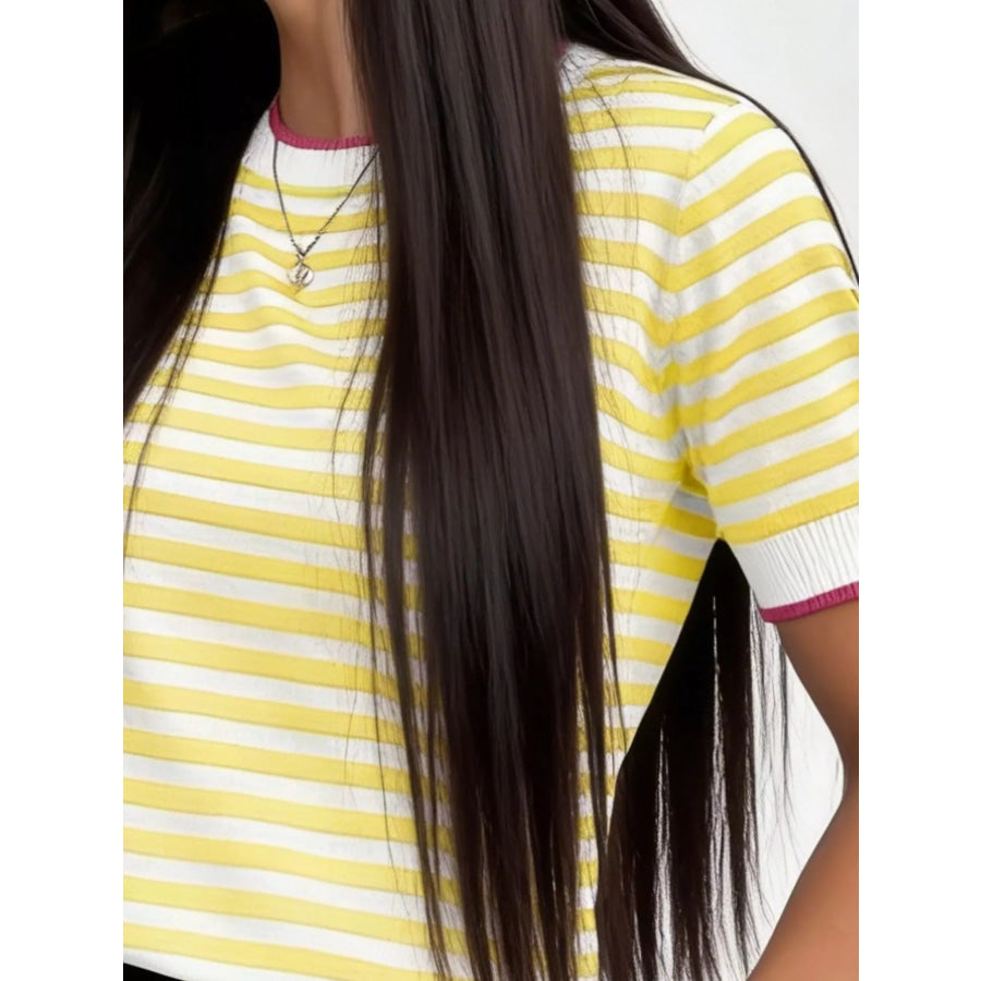 Contrast Trim Striped Short Sleeve Knit Top Apparel and Accessories